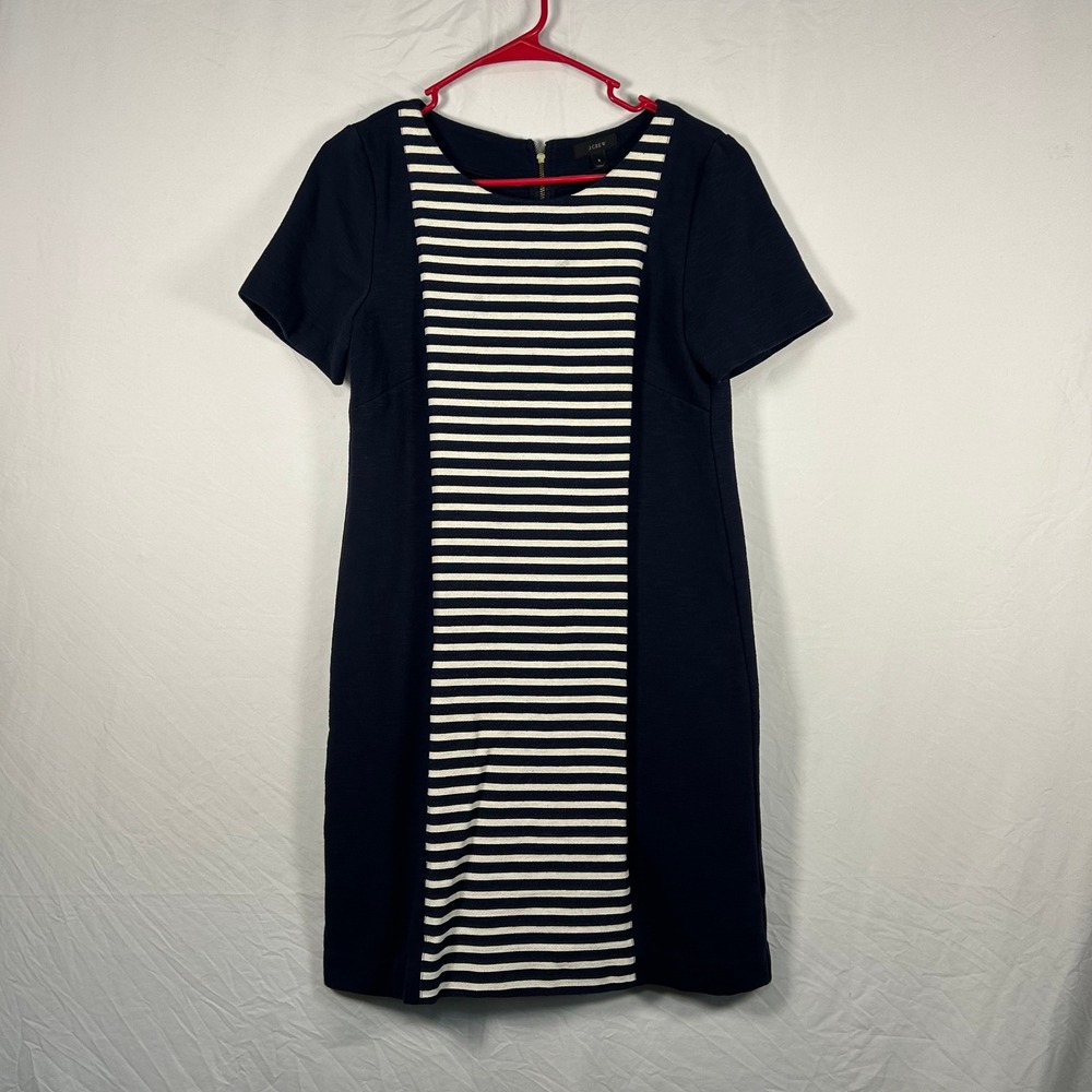 J.Crew Shift Dress Women 8 Navy Blue Striped Nautical Short Sleeve Knit
